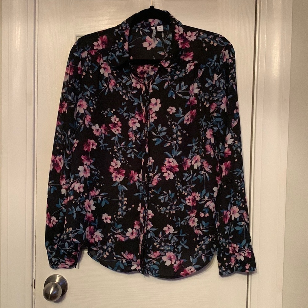 Elle Blue Button Down Blouse Size M #114